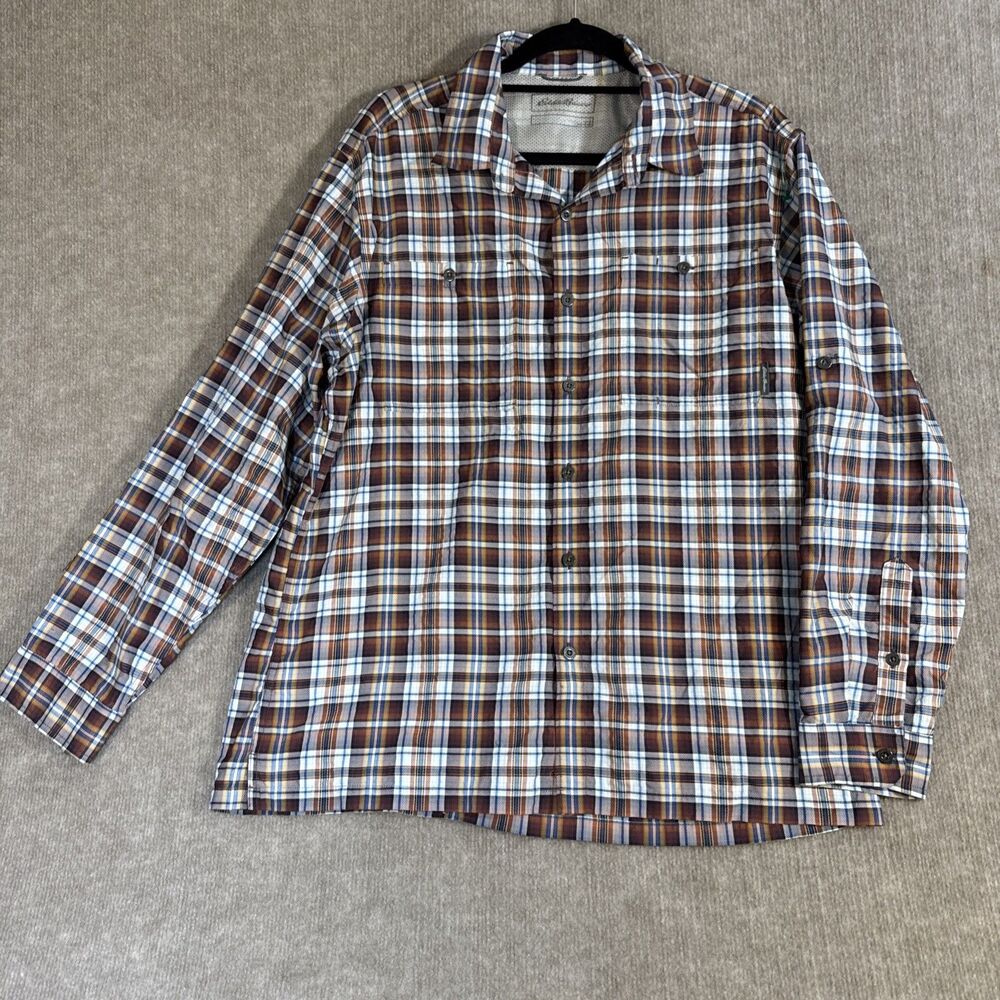 Eddie Bauer Shirt Pack It Tech Seersucker Plaid Button‎ Up Long Sleeve Men’s Lg